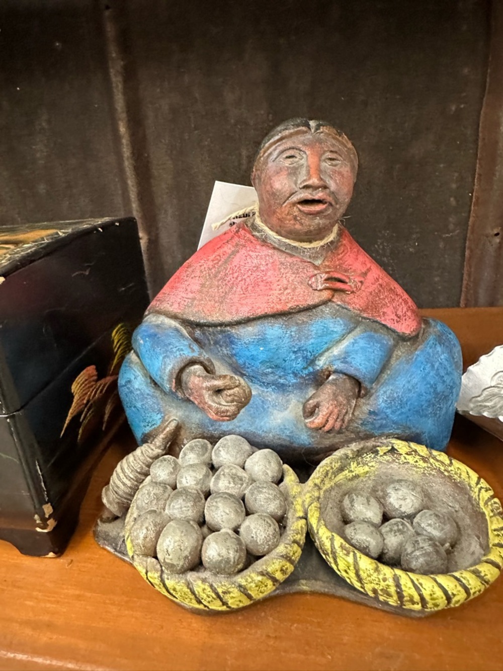 Vintage Peruvian Folk Art Pottery Figure Woman Selling Produce Handmade Peru